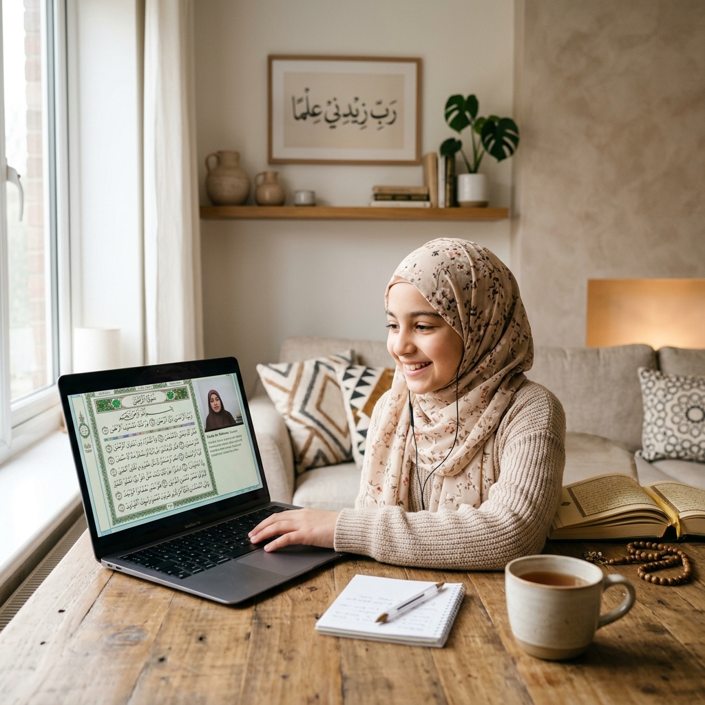 Student learning Quran online